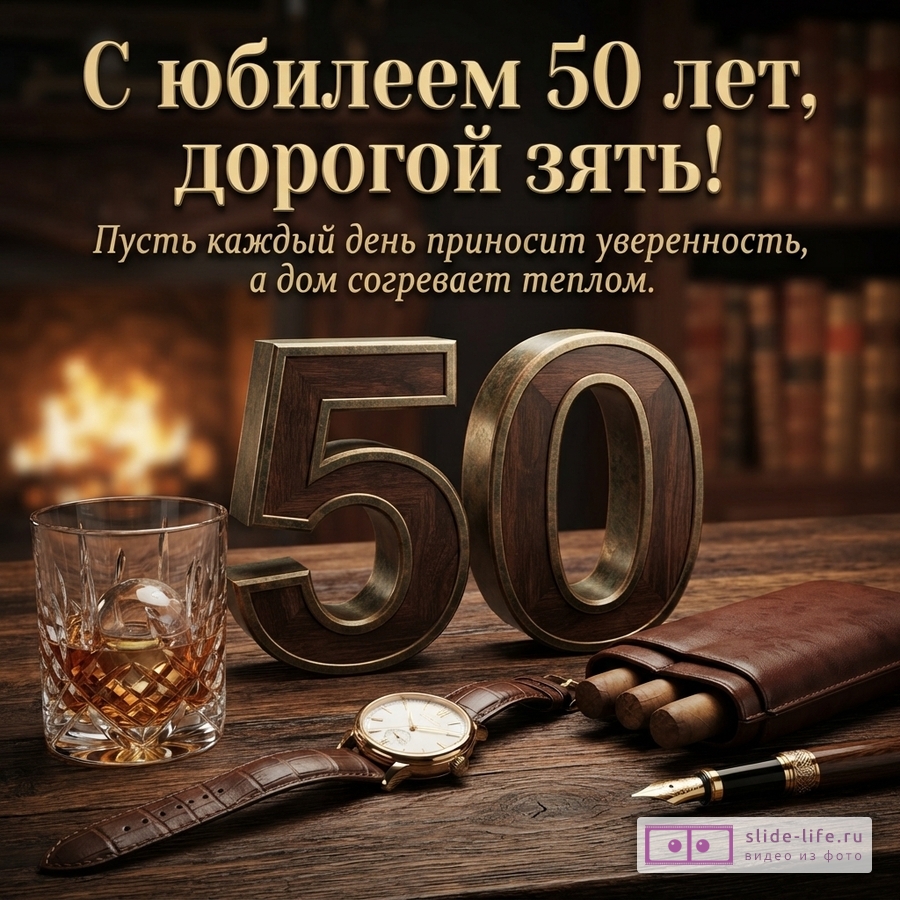 Темный фон, камин, книжный шкаф. На переднем плане стакан виски, часы, портсигар с сигарами, ручка. Цифры «50» из дерева. Текст «С юбилеем 50 лет, дорогой зять! Пусть каждый день приносит уверенность, а дом согревает теплом.»