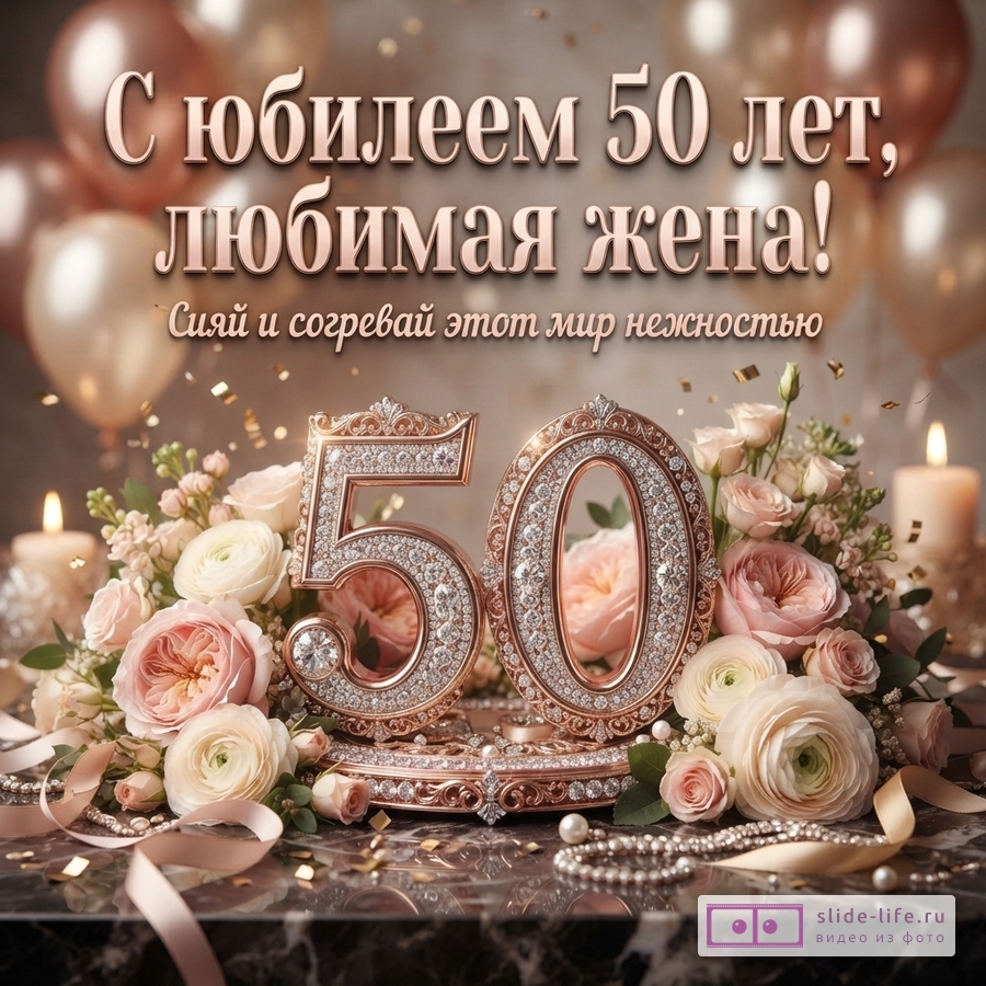 Фон с размытыми воздушными шарами и конфетти. В центре композиции цифры «50» из розового золота, инкрустированные стразами. Вокруг цифр букеты из розовых и белых роз, жемчужные бусы и атласные ленты. Свечи по бокам. Текст: «С юбилеем 50 лет, любимая жена! Сияй и согревай этот мир нежностью»