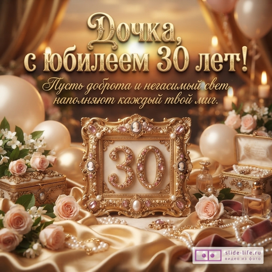 Золотая резная рамка с числом 30, розовые розы, жемчуг, шкатулки и воздушные шары с текстом «Дочка, с юбилеем 30 лет! Пусть доброта и негасимый свет наполняют каждый твой миг.»