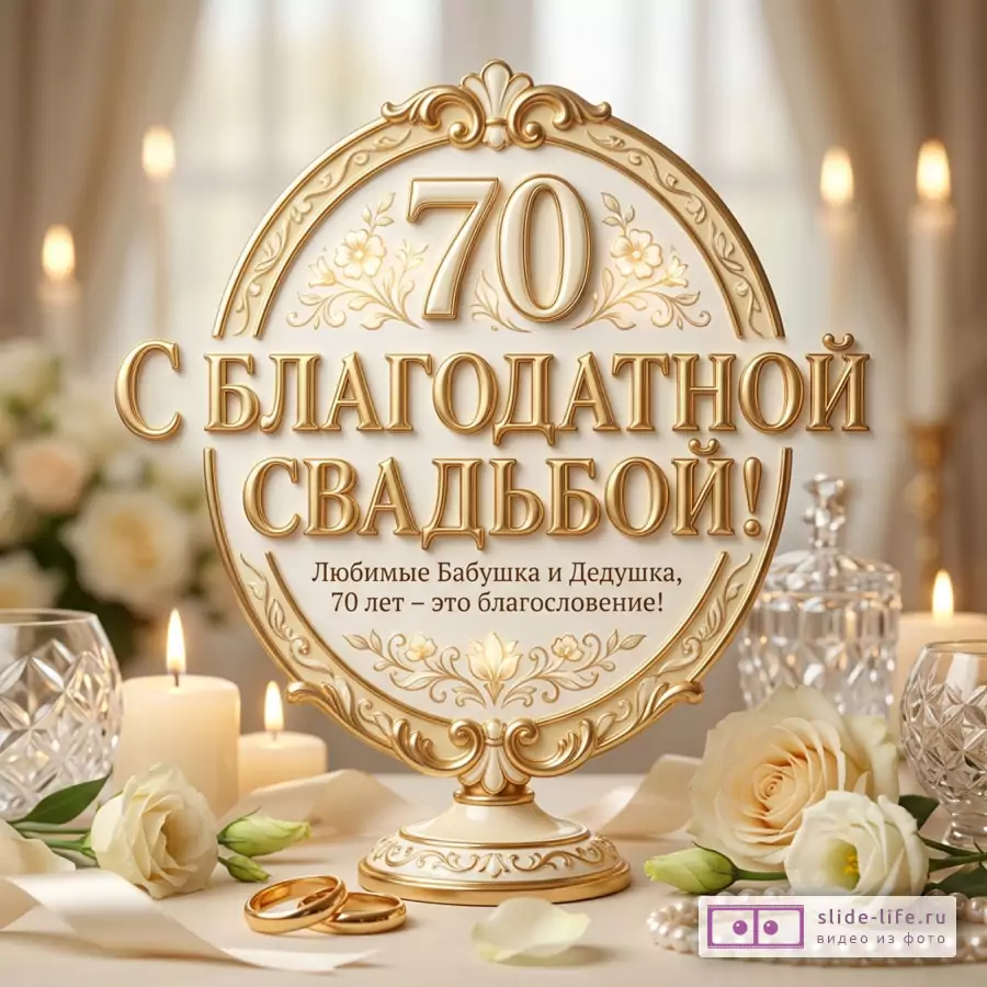 Круглая декоративная табличка с золотым орнаментом и текстом «70 С БЛАГОДАТНОЙ СВАДЬБОЙ! Любимые Бабушка и Дедушка, 70 лет – это благословение!», кремовый фон, свечи, белые розы, кольца, жемчуг, бокалы