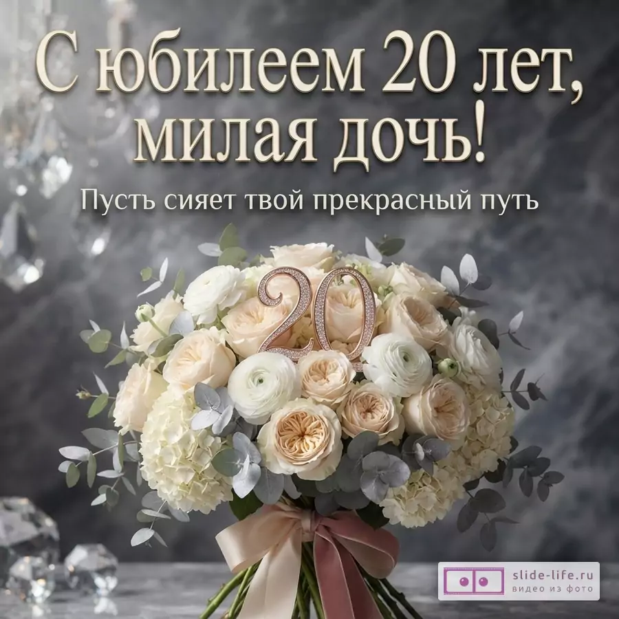 Пышный букет кремовых роз и ранункулюсов с цифрой 20 на сером фоне и надпись «С юбилеем 20 лет, милая дочь! Пусть сияет твой прекрасный путь».