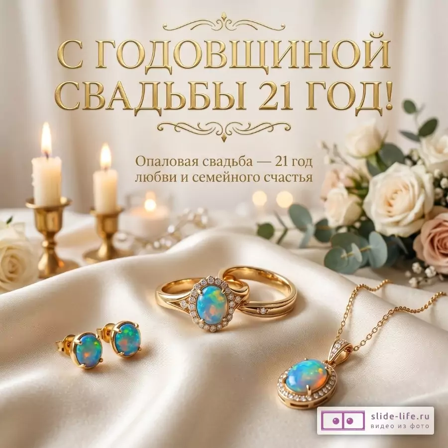 Светлый кремово-бежевый фон, белая шелковая ткань, золотые кольца, серьги и кулон с голубыми опалами, белые и нежно-розовые розы, свечи. Текст: «С ГОДОВЩИНОЙ СВАДЬБЫ 21 ГОД!», «Опаловая свадьба — 21 год любви и семейного счастья»