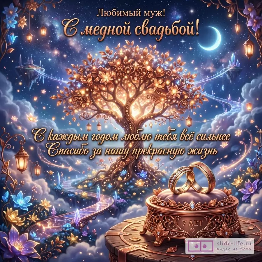 Красивое поздравление мужу на 7 лет совместной жизни — открытка с медной свадьбой от любящей жены