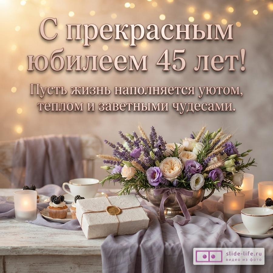 Открытка с фоном из золотистых огоньков боке, на переднем плане стол с сиреневой скатертью, букетом цветов в вазе, чашками, кексами и подарком. Текст: «С прекрасным юбилеем 45 лет! Пусть жизнь наполняется уютом, теплом и заветными чудесами.»