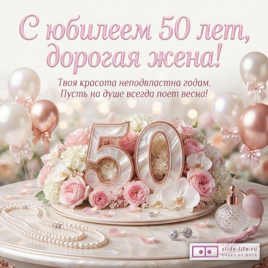 Бежевый фон, розовые и белые шары, букет роз, орхидей, цифры 50, жемчужное ожерелье, серьги, флакон духов. Текст: «С юбилеем 50 лет, дорогая жена! Твоя красота неподвластна годам. Пусть на душе всегда поет весна!»