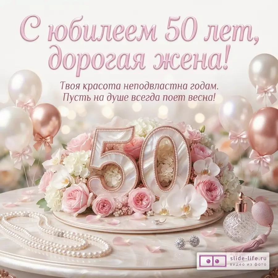 Бежевый фон, розовые и белые шары, букет роз, орхидей, цифры 50, жемчужное ожерелье, серьги, флакон духов. Текст: «С юбилеем 50 лет, дорогая жена! Твоя красота неподвластна годам. Пусть на душе всегда поет весна!»