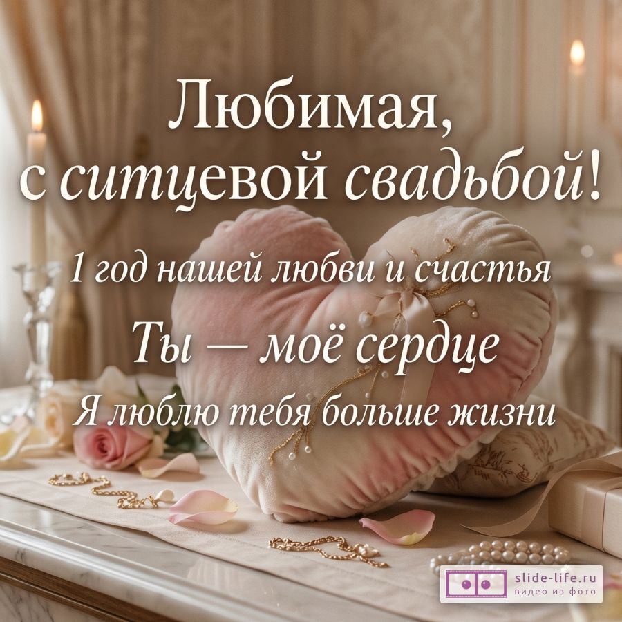 С 1 годовщиной свадьбы, любимая жена — романтическая открытка на ситцевую свадьбу