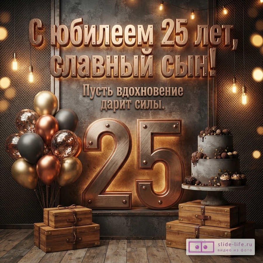Металлическая объемная цифра 25, воздушные шары, торт и деревянные чемоданы с надписью «С юбилеем 25 лет, славный сын! Пусть вдохновение дарит силы.»