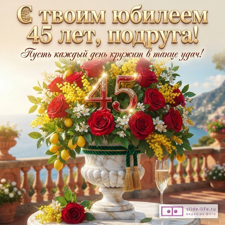 Открытка с букетом красных роз, желтой мимозы и лимонов в вазе на фоне моря. На букете цифры 45. Рядом бокал шампанского. Текст: «С твоим юбилеем 45 лет, подруга! Пусть каждый день кружит в танце удач!»