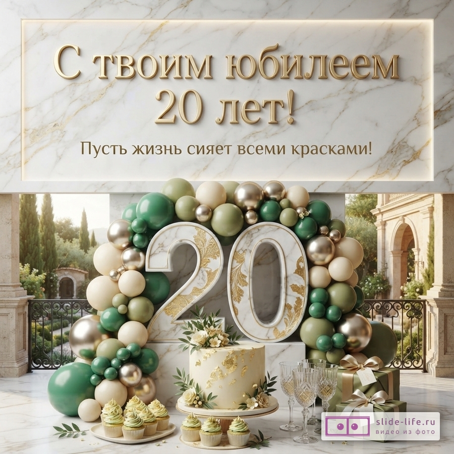Мраморный фон, золотые буквы «С твоим юбилеем 20 лет! Пусть жизнь сияет всеми красками!», арка из зеленых, бежевых и золотых шаров, цифры 20, торт, капкейки, подарки, бокалы