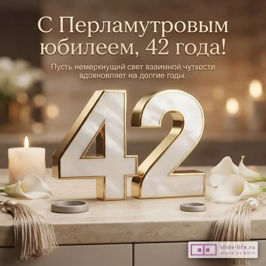 Фон бежевый, на столешнице бежевого цвета стоят золотистые цифры «42» с перламутровой вставкой. Рядом белая свеча, белые цветы каллы и бежевые кисточки. Сверху надпись: «С Перламутровым юбилеем, 42 года! Пусть немеркнущий свет взаимной чуткости вдохновляет на долгие годы.»