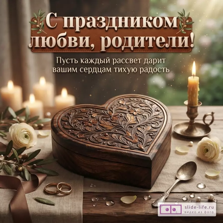 Деревянная шкатулка в форме сердца, свечи, цветы, кольца, бежево-коричневый фон, текст «С праздником любви, родители! Пусть каждый рассвет дарит вашим сердцам тихую радость.»