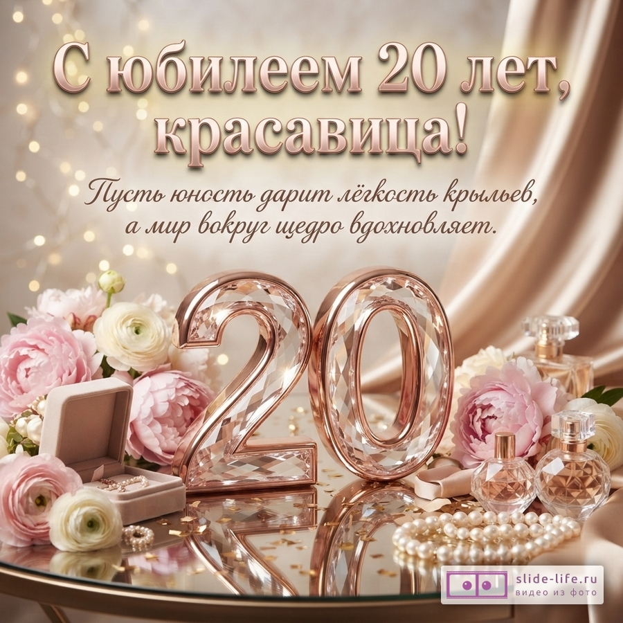 Бежево-розовая открытка с цветами, жемчугом, флаконами духов и крупной цифрой 20, текст «С юбилеем 20 лет, красавица! Пусть юность дарит лёгкость крыльев, а мир вокруг щедро вдохновляет.»