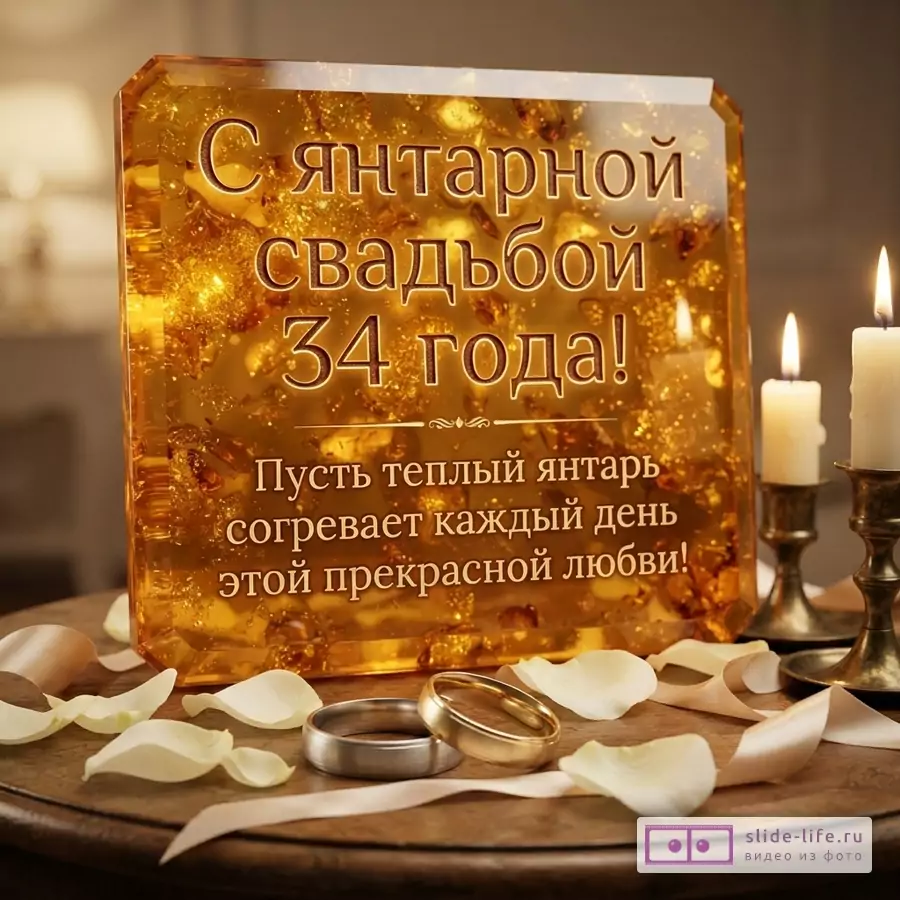 Прозрачная янтарная табличка с золотыми вкраплениями, на которой написан текст «С янтарной свадьбой 34 года! Пусть теплый янтарь согревает каждый день этой прекрасной любви!». На переднем плане два обручальных кольца, лепестки роз и ленты. Справа две горящие свечи.