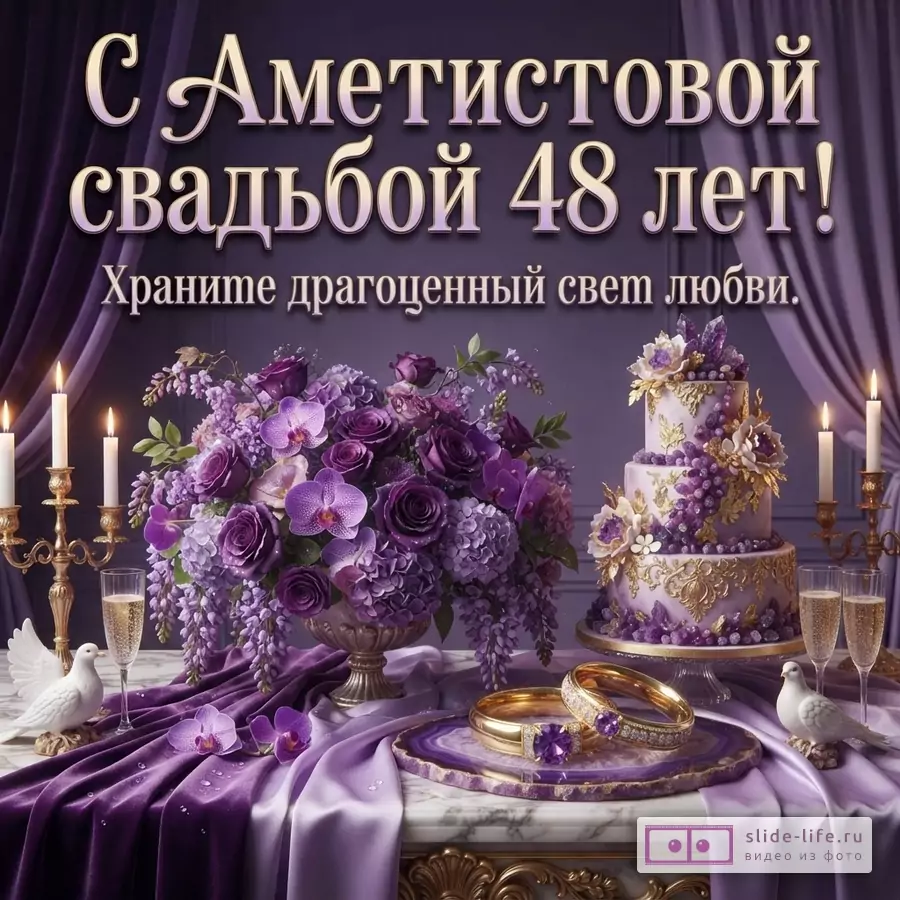 Фиолетовый фон, фиолетовые шторы. На переднем плане стол с фиолетовой скатертью, цветами, тортом, свечами, бокалами шампанского, золотыми браслетами. Текст «С Аметистовой свадьбой 48 лет! Храните драгоценный свет любви.»
