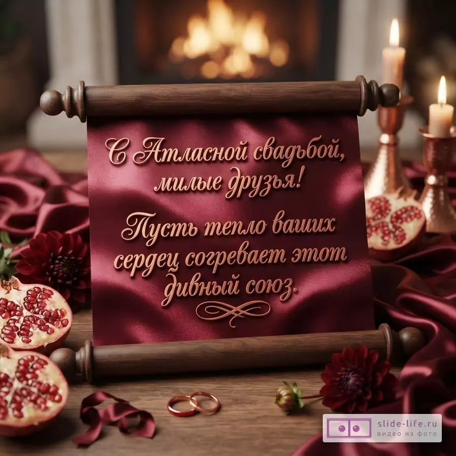 Бордовый свиток с текстом «С Атласной свадьбой, милые друзья! Пусть тепло ваших сердец согревает этот дивный союз.», кольца, гранаты, свечи и камин.