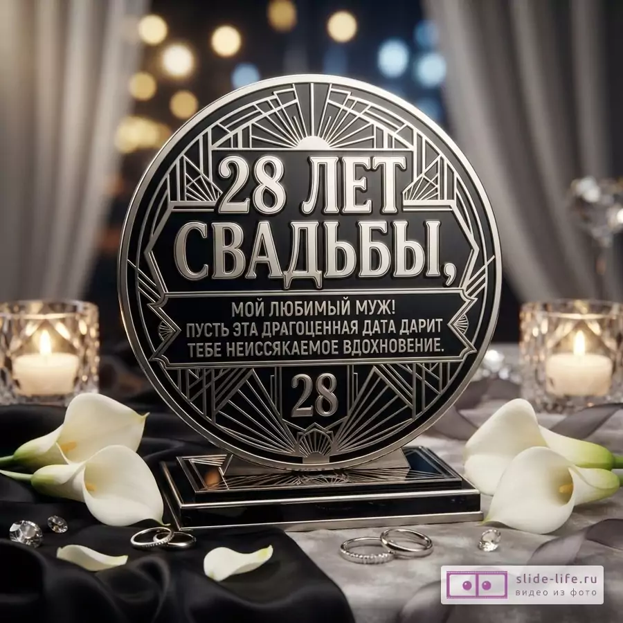 Круглая черная табличка с серебряной окантовкой и узорами, на ней текст «28 ЛЕТ СВАДЬБЫ, МОЙ ЛЮБИМЫЙ МУЖ! ПУСТЬ ЭТА ДРАГОЦЕННАЯ ДАТА ДАРИТ ТЕБЕ НЕИССЯКАЕМОЕ ВДОХНОВЕНИЕ.». На переднем плане белые каллы, обручальные кольца, свечи.
