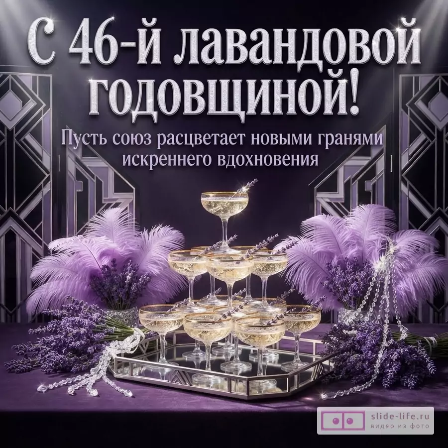 Фиолетовый фон, сверху надпись белыми буквами «С 46-й лавандовой годовщиной!». Ниже надпись «Пусть союз расцветает новыми гранями искреннего вдохновения». Внизу пирамида из бокалов с шампанским, украшенная лавандой и перьями.