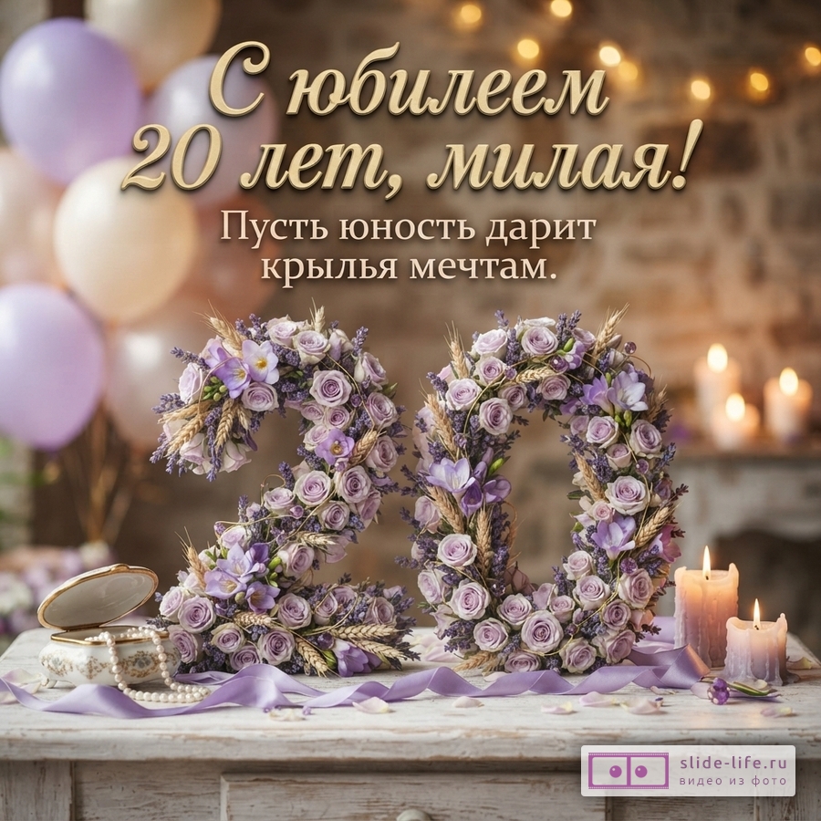Открытка с юбилеем 20 лет: «С юбилеем 20 лет, милая! Пусть юность дарит крылья мечтам». Сиреневые цветы, воздушные шары и свечи.