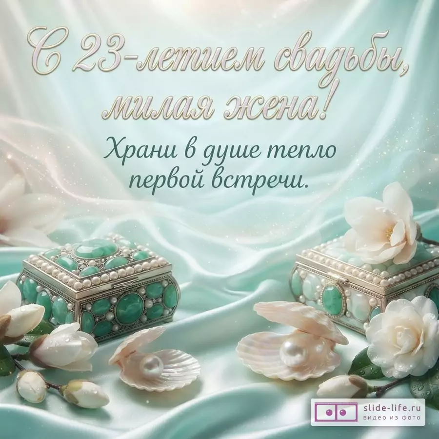 Шкатулки с зелеными камнями, жемчужины в ракушках и белые цветы на драпированном шелке с надписью «С 23-летием свадьбы, милая жена! Храни в душе тепло первой встречи.»