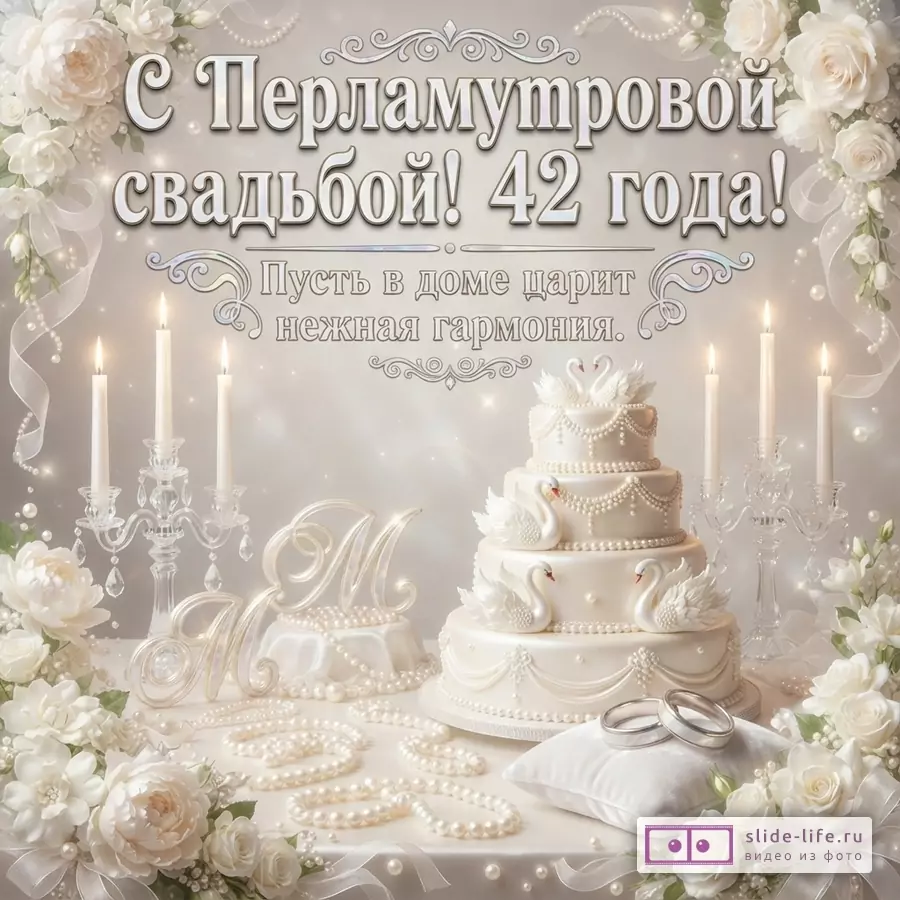Светлый фон, белые цветы, свечи, многоярусный торт с лебедями, жемчужные бусы, обручальные кольца. Текст: «С Перламутровой свадьбой! 42 года! Пусть в доме царит нежная гармония.»