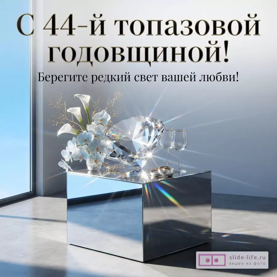 Светлый фон, большое окно, зеркальный куб, на нем букет белых цветов, большой бриллиант, два бокала, два обручальных кольца. Текст: «С 44-й топазовой годовщиной! Берегите редкий свет вашей любви!»