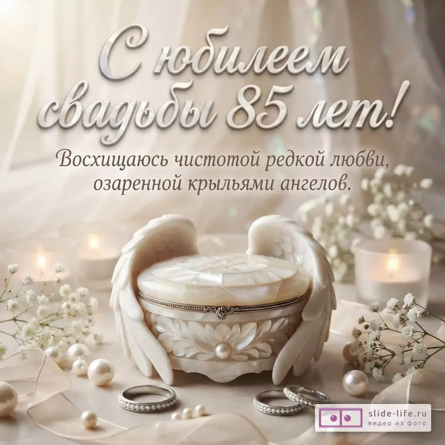 Перламутровая шкатулка с крыльями ангела, обручальные кольца, жемчуг и свечи с текстом «С юбилеем свадьбы 85 лет! Восхищаюсь чистотой редкой любви, озаренной крыльями ангелов.»