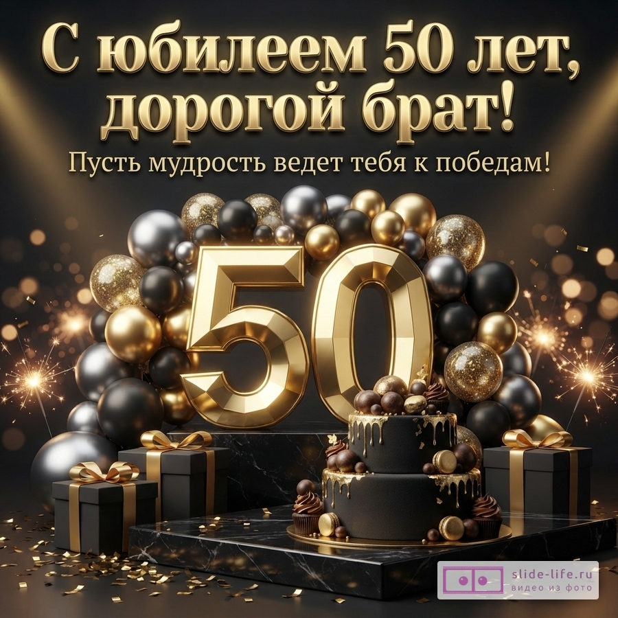 Открытка с черным фоном, золотыми буквами и цифрой «50». На переднем плане черный торт с золотым декором, подарки в черных коробках с золотыми лентами, золотые и черные шары, конфетти и бенгальские огни. Текст: «С юбилеем 50 лет, дорогой брат! Пусть мудрость ведет тебя к победам!»