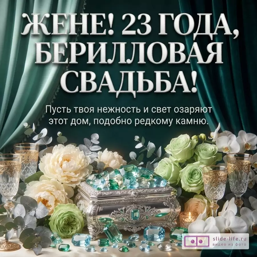 Шкатулка с бериллами в окружении цветов, бокалов и изумрудных драпировок, текст: «Жене! 23 года, Берилловая свадьба! Пусть твоя нежность и свет озаряют этот дом, подобно редкому камню.»