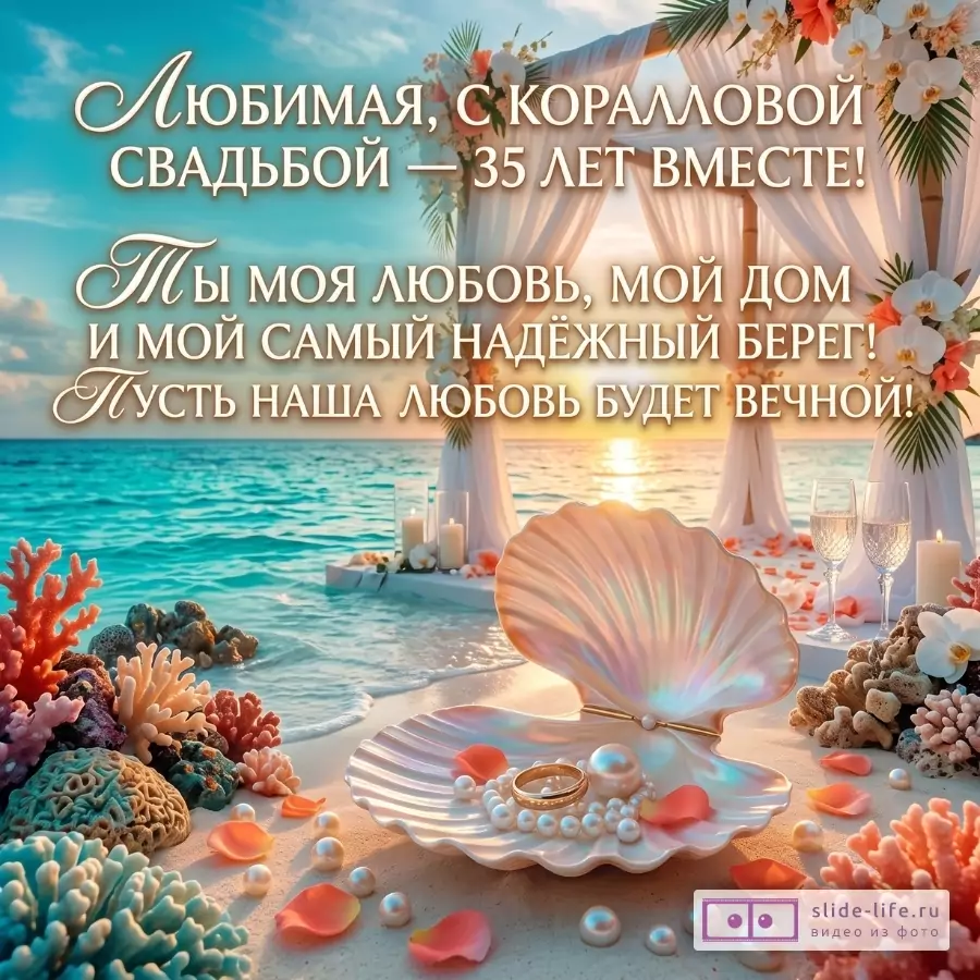 Бирюзово-розовый морской фон, арка с белыми цветами, раковина с кольцами и жемчугом, кораллы и лепестки. Текст: «Любимая, с коралловой свадьбой — 35 лет вместе! Ты моя любовь...»