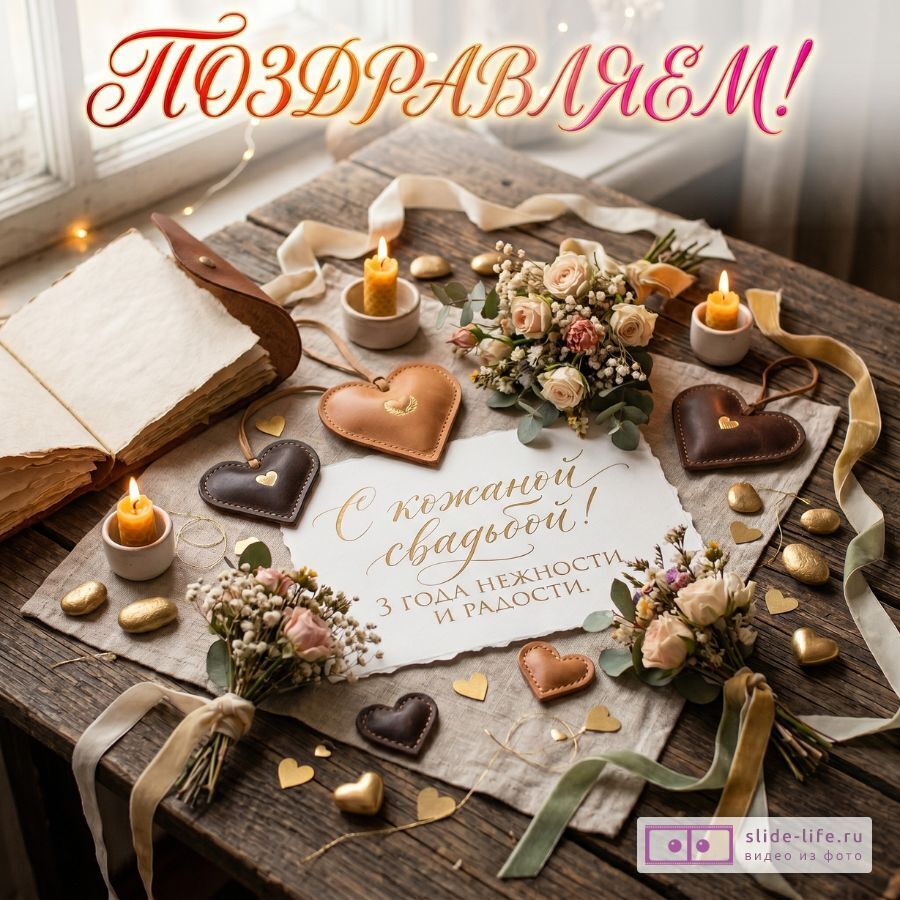 С Кожаной свадьбой – открытка 3 года совместной жизни