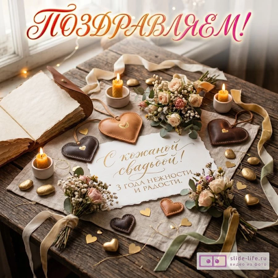 С Кожаной свадьбой – открытка 3 года совместной жизни