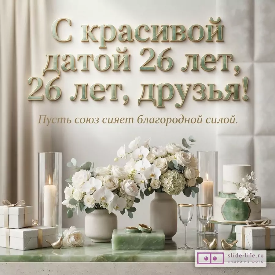 Светлый фон, объемный зеленовато-золотой текст «С красивой датой 26 лет, друзья!», ниже строка «Пусть союз сияет благородной силой.», цветы, свечи, бокалы, подарочные коробки и торт с нефритовым декором.