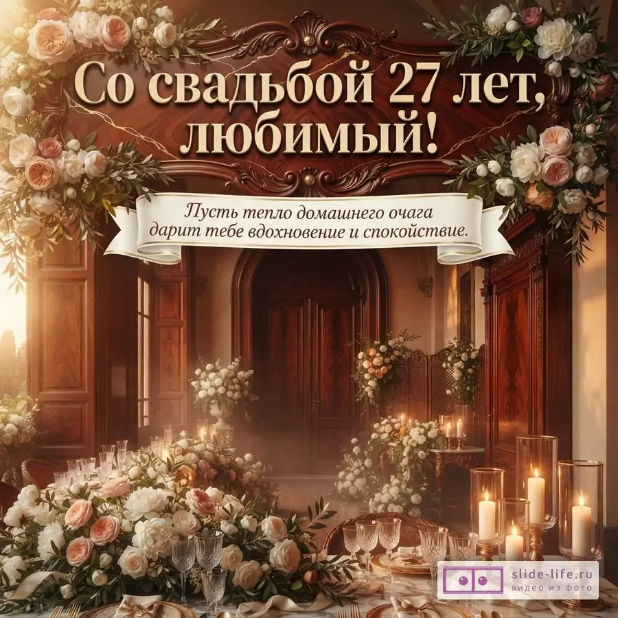 Открытка с деревянным фоном, украшенным цветами, и текстом «Со свадьбой 27 лет, любимый! Пусть тепло домашнего очага дарит тебе вдохновение и спокойствие.»