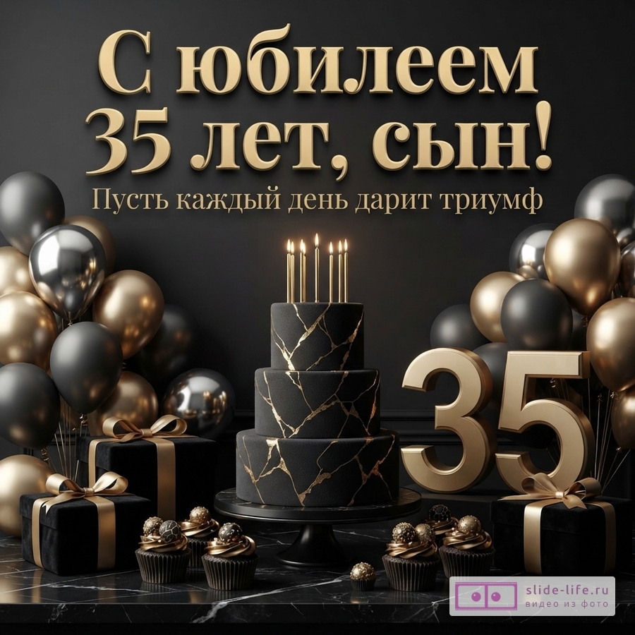 Черный фон, золотой текст «С юбилеем 35 лет, сын! Пусть каждый день дарит триумф.», черно-золотые шары, торт со свечами, подарки и цифры 35.