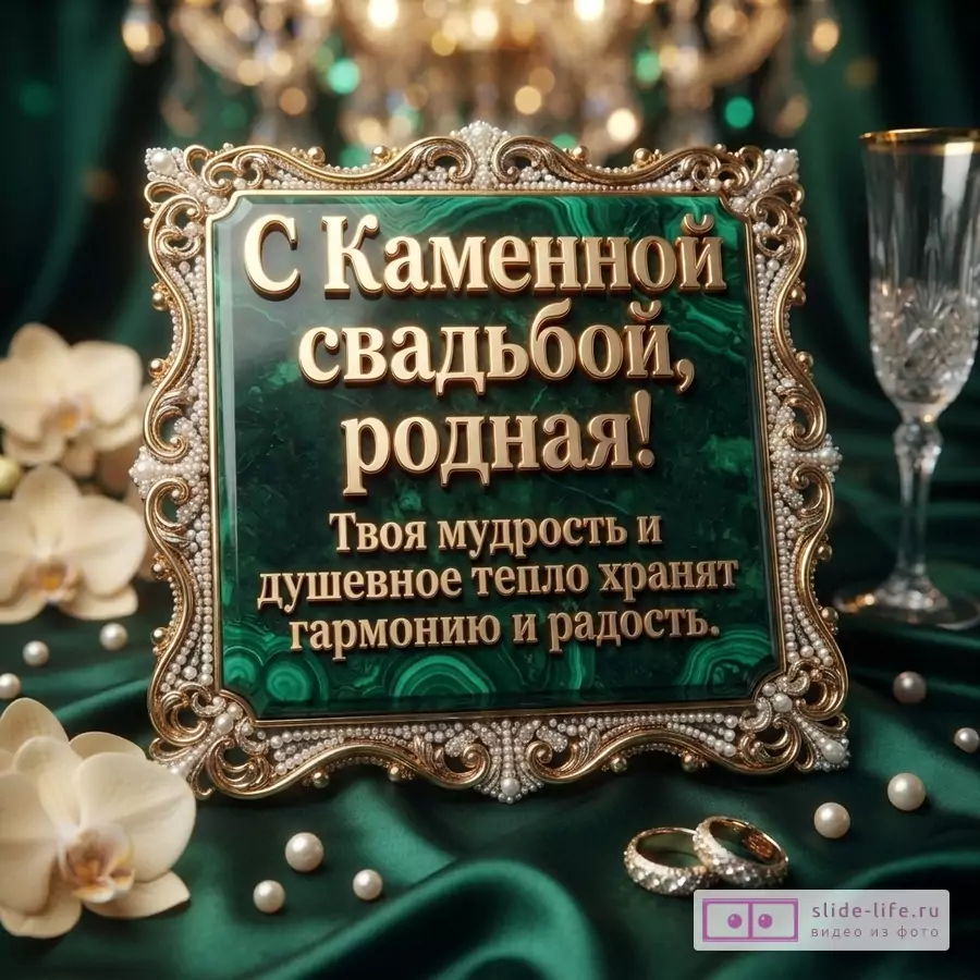 Открытка с золотой рамкой, инкрустированной жемчугом, на темно-зеленом фоне. Внутри рамки изумрудная текстура с золотым текстом «С Каменной свадьбой, родная! Твоя мудрость и душевное тепло хранят гармонию и радость.». Рядом белые орхидеи, жемчужины, бокал и обручальные кольца.