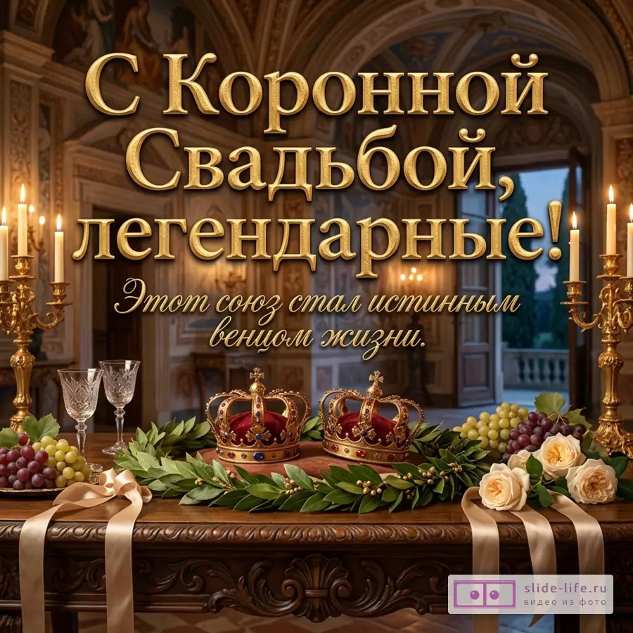 Две золотые короны на столе с лавровым венком, свечами и бокалами, надпись «С Коронной Свадьбой, легендарные! Этот союз стал истинным венцом жизни.»