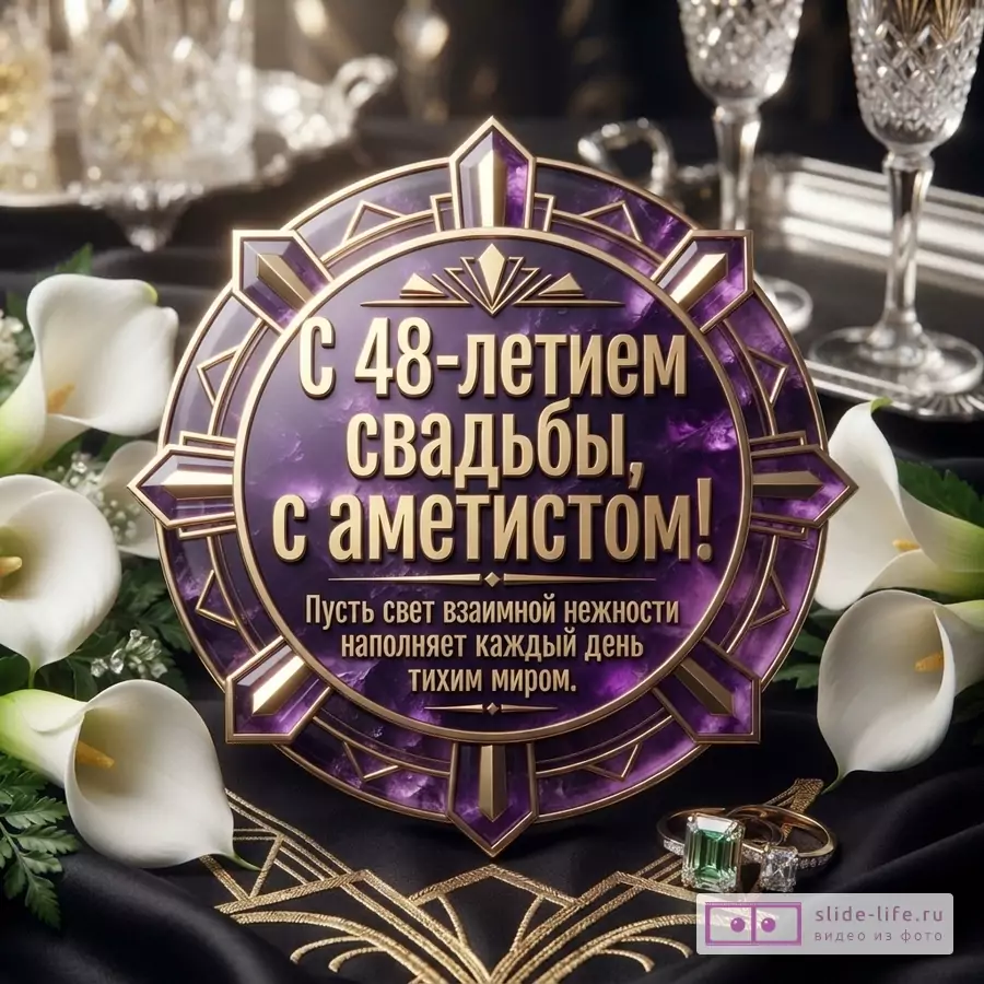 Фиолетовая круглая рамка с золотыми элементами, фон черный, белые каллы, золотые кольца. Текст: «С 48-летием свадьбы, с аметистом! Пусть свет взаимной нежности наполняет каждый день тихим миром.»