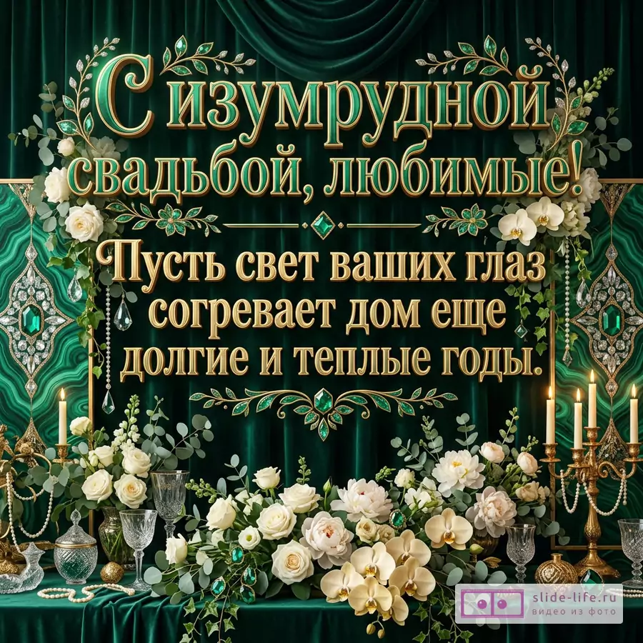 Открытка с темно-зеленым изумрудным фоном, золотым текстом «С изумрудной свадьбой, любимые! Пусть свет ваших глаз согревает дом еще долгие и теплые годы.», белыми цветами, свечами, бокалами, жемчугом и изумрудным декором