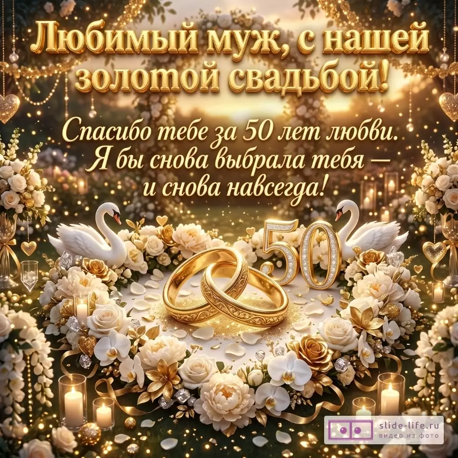 Золотой фон с цветами, свечами, лебедями и кольцами. Текст: «Любимый муж, с нашей золотой свадьбой! Спасибо тебе за 50 лет любви. Я бы снова выбрала тебя — и снова навсегда!»