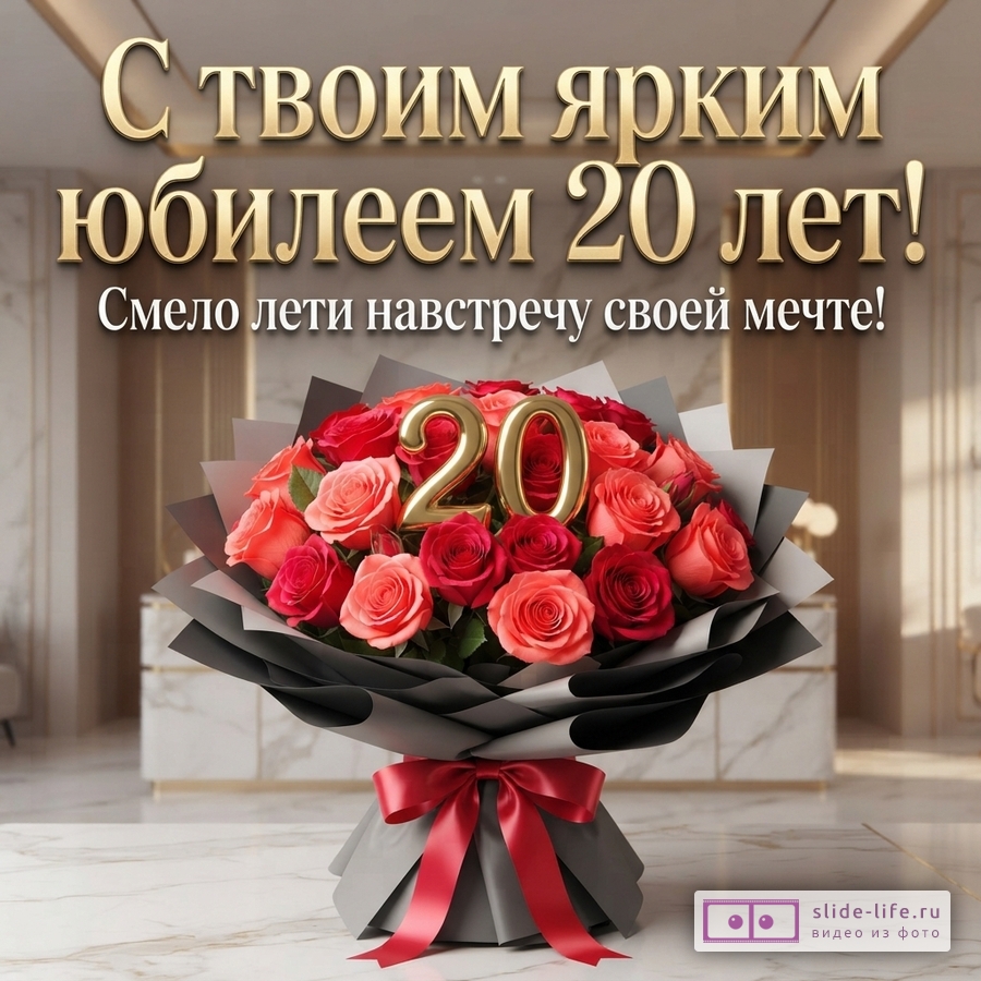 Букет красных и персиковых роз в серой упаковке с красной лентой, на букете золотые цифры «20», фон светлый интерьер. Текст: «С твоим ярким юбилеем 20 лет! Смело лети навстречу своей мечте!»