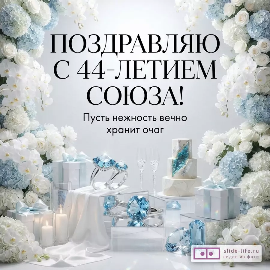 Открытка с белыми и голубыми цветами по краям, в центре композиция из колец с голубыми камнями, торта, бокалов, свечей и подарков. Текст: «Поздравляю с 44-летием союза! Пусть нежность вечно хранит очаг»