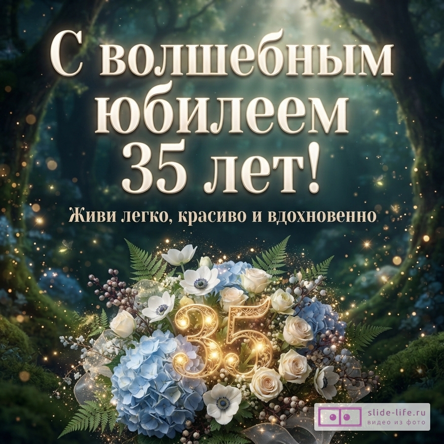 Букет из роз, гортензий и анемонов с сияющей цифрой 35 на фоне сказочного леса с надписью «С волшебным юбилеем 35 лет! Живи легко, красиво и вдохновенно».