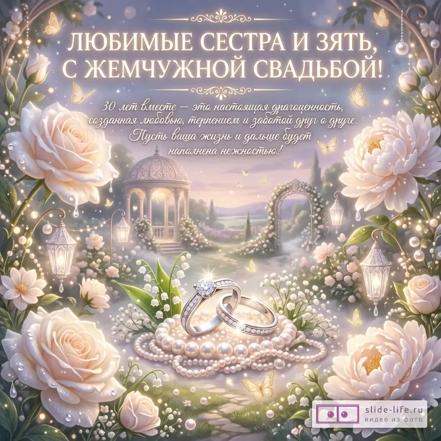 Лилово-розовый фон, цветы, лилии, фонари, арка и два кольца на жемчужной подставке; текст «ЛЮБИМЫЕ СЕСТРА И ЗЯТЬ, С ЖЕМЧУЖНОЙ СВАДЬБОЙ!»