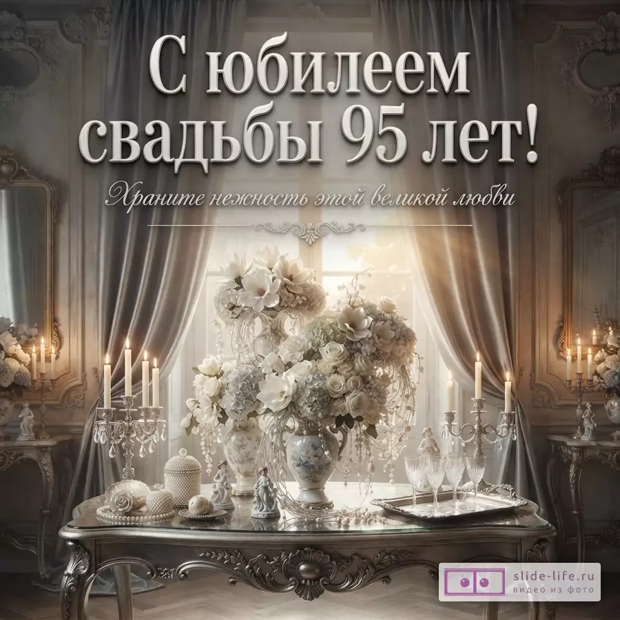Текст «С юбилеем свадьбы 95 лет! Храните нежность этой великой любви.» на фоне классического интерьера с букетом белых цветов и свечами.