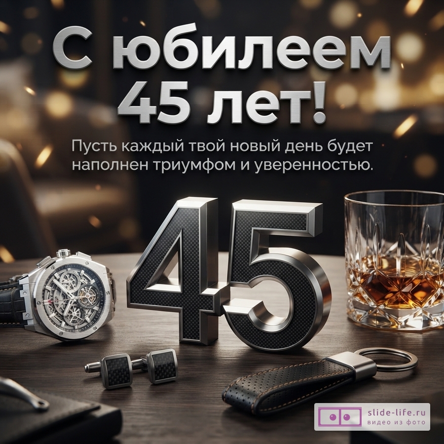 Темный фон с боке, на переднем плане деревянный стол, на котором лежат часы, запонки, брелок и стакан с виски. В центре крупные металлические цифры «45». Сверху надпись «С юбилеем 45 лет! Пусть каждый твой новый день будет наполнен триумфом и уверенностью.»