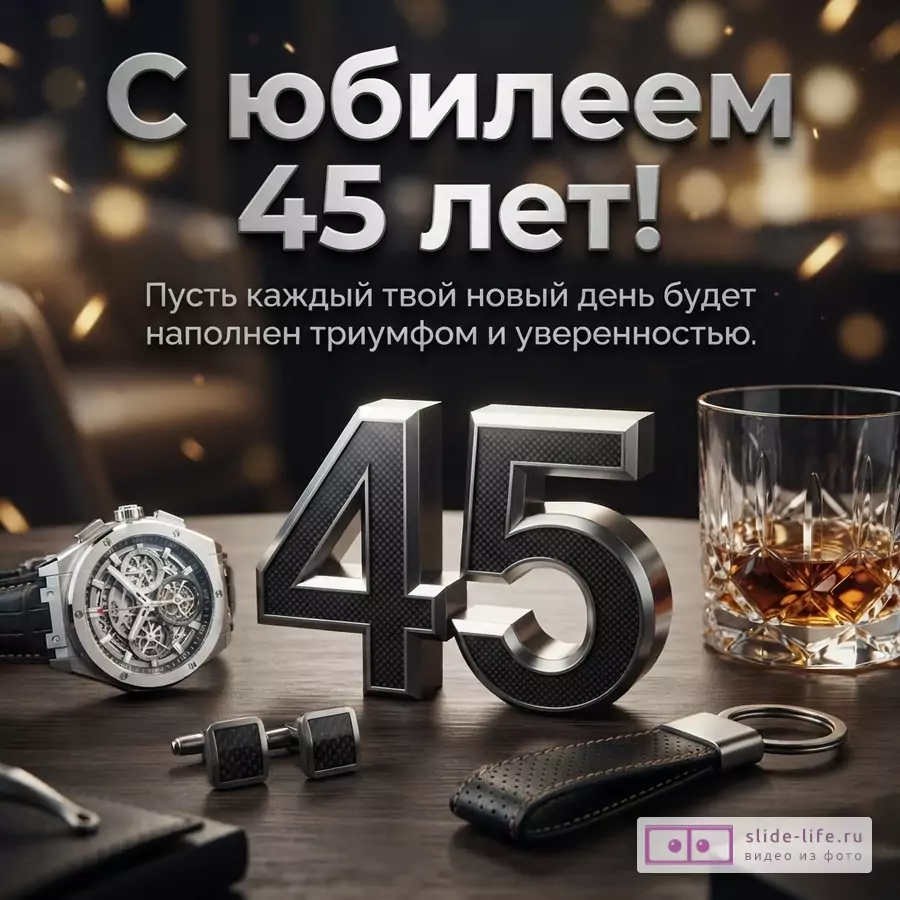 Темный фон с боке, на переднем плане деревянный стол, на котором лежат часы, запонки, брелок и стакан с виски. В центре крупные металлические цифры «45». Сверху надпись «С юбилеем 45 лет! Пусть каждый твой новый день будет наполнен триумфом и уверенностью.»
