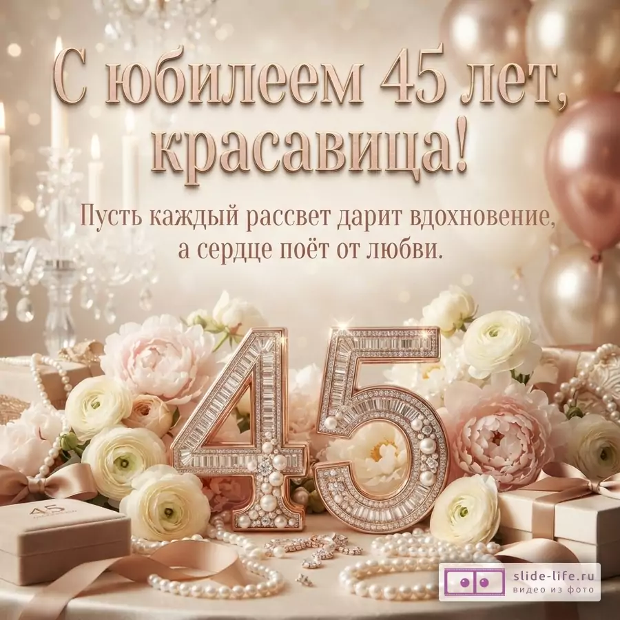 Фон бежевый, золотистый. Сверху шары, свечи. Внизу цветы, жемчуг, цифры 45. Текст: «С юбилеем 45 лет, красавица! Пусть каждый рассвет дарит вдохновение, а сердце поёт от любви.»