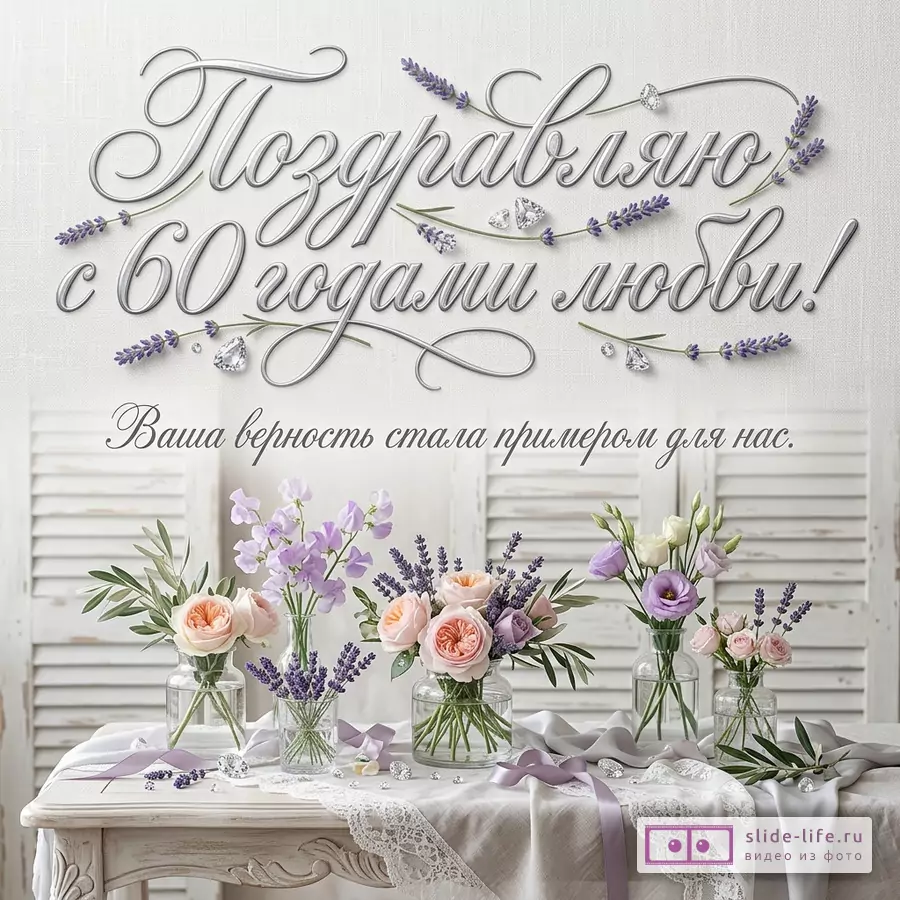 Светлый бежево-белый фон, каллиграфическая надпись «Поздравляю с 60 годами любви! Ваша верность стала примером для нас.», лаванда, прозрачные вазы с розовыми и сиреневыми цветами, ленты, кристаллы