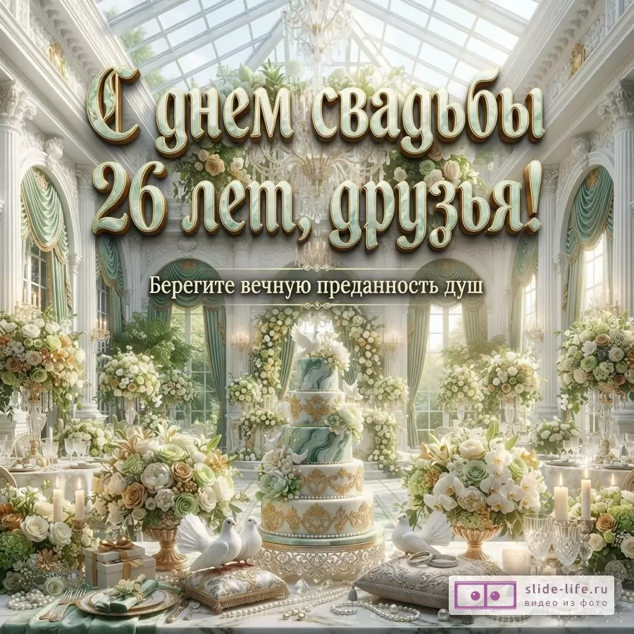 Золотистый текст «С днем свадьбы 26 лет, друзья! Берегите вечную преданность душ» на светлой свадебной открытке с цветами, свечами и многоярусным тортом.